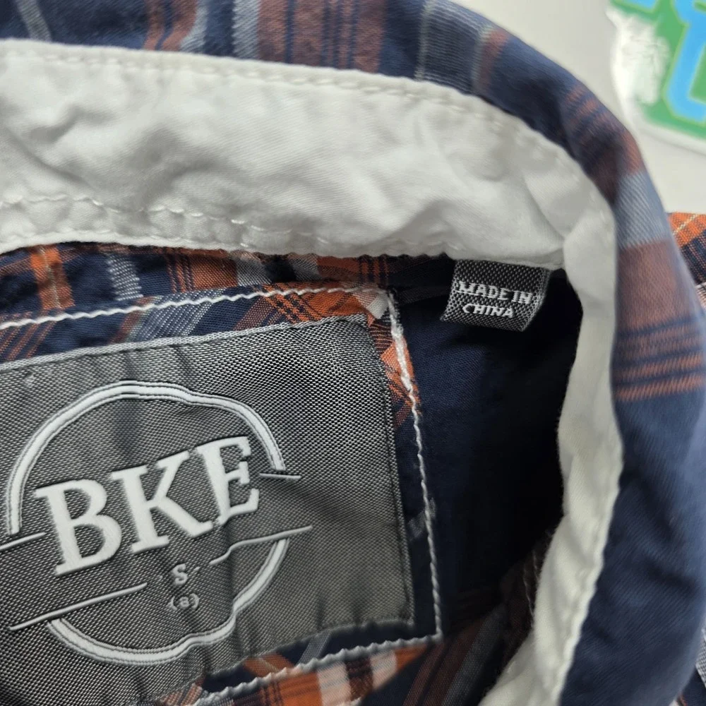 BKE Boys Blue Orange Plaid Flannel Shirt Youth Small Athletic Fit Western Y11309